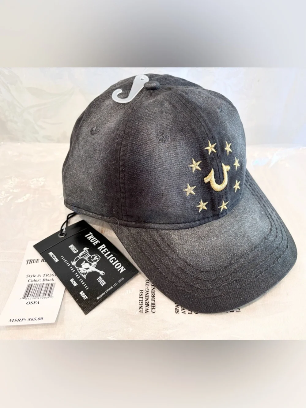 New TRUE RELIGION Gold Logo Silver Frosted Black Cotton Hat Trucker Cap $65